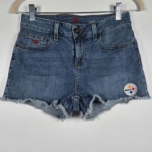 NFL Pittsburg Steelers Team Logo Tight End Frayed Blue Denim Jean Shorts Size 4